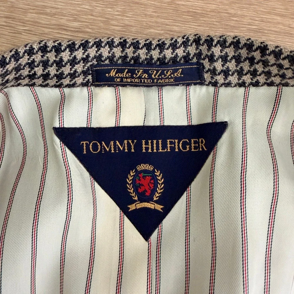Vintage USA Tommy Hilfiger Houndstooth Sport Coat Blazer Wool Mens 43R Tan